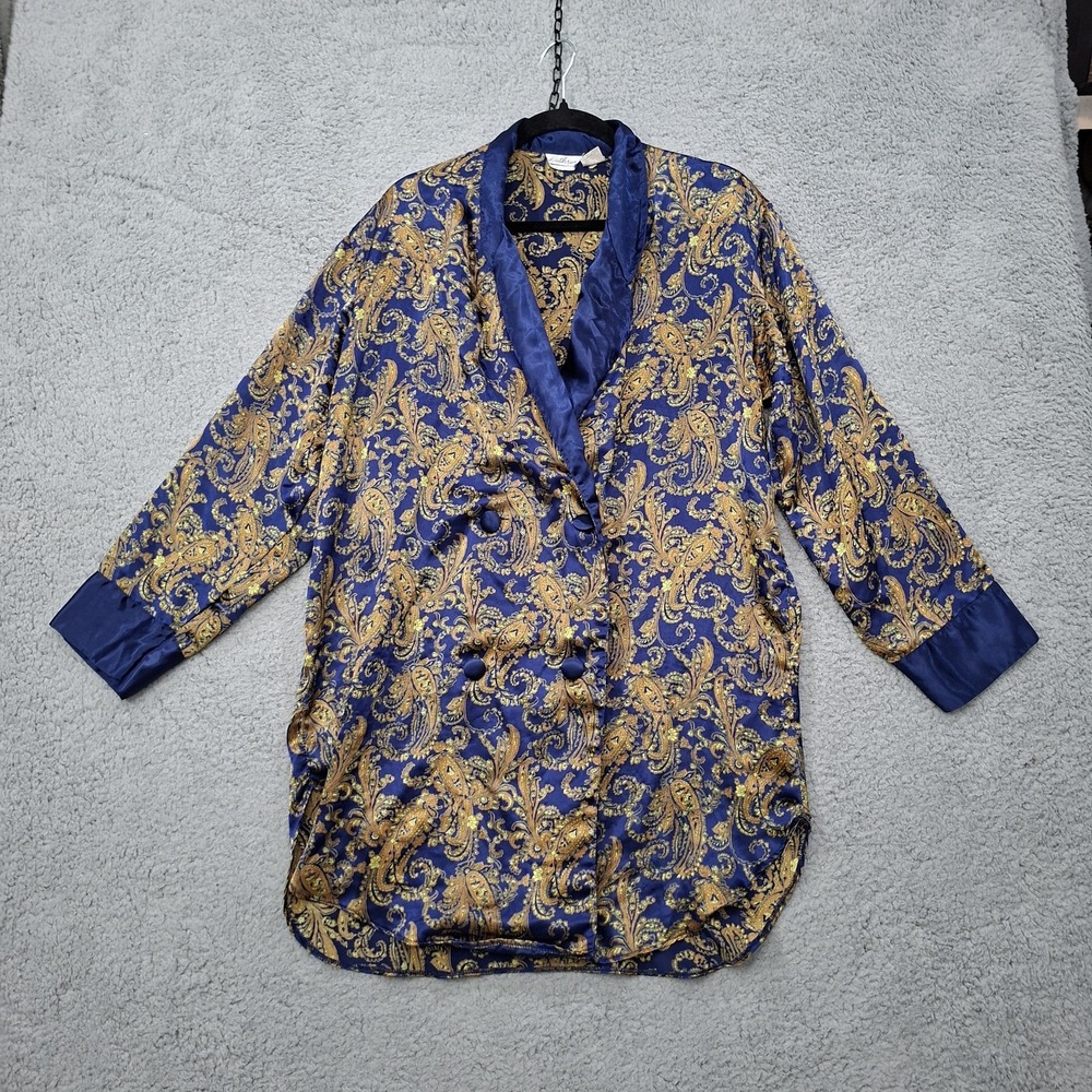 Kathryn Vintage Satin Floral Sleep Shirt M Double Breasted Button Front‎ Midi